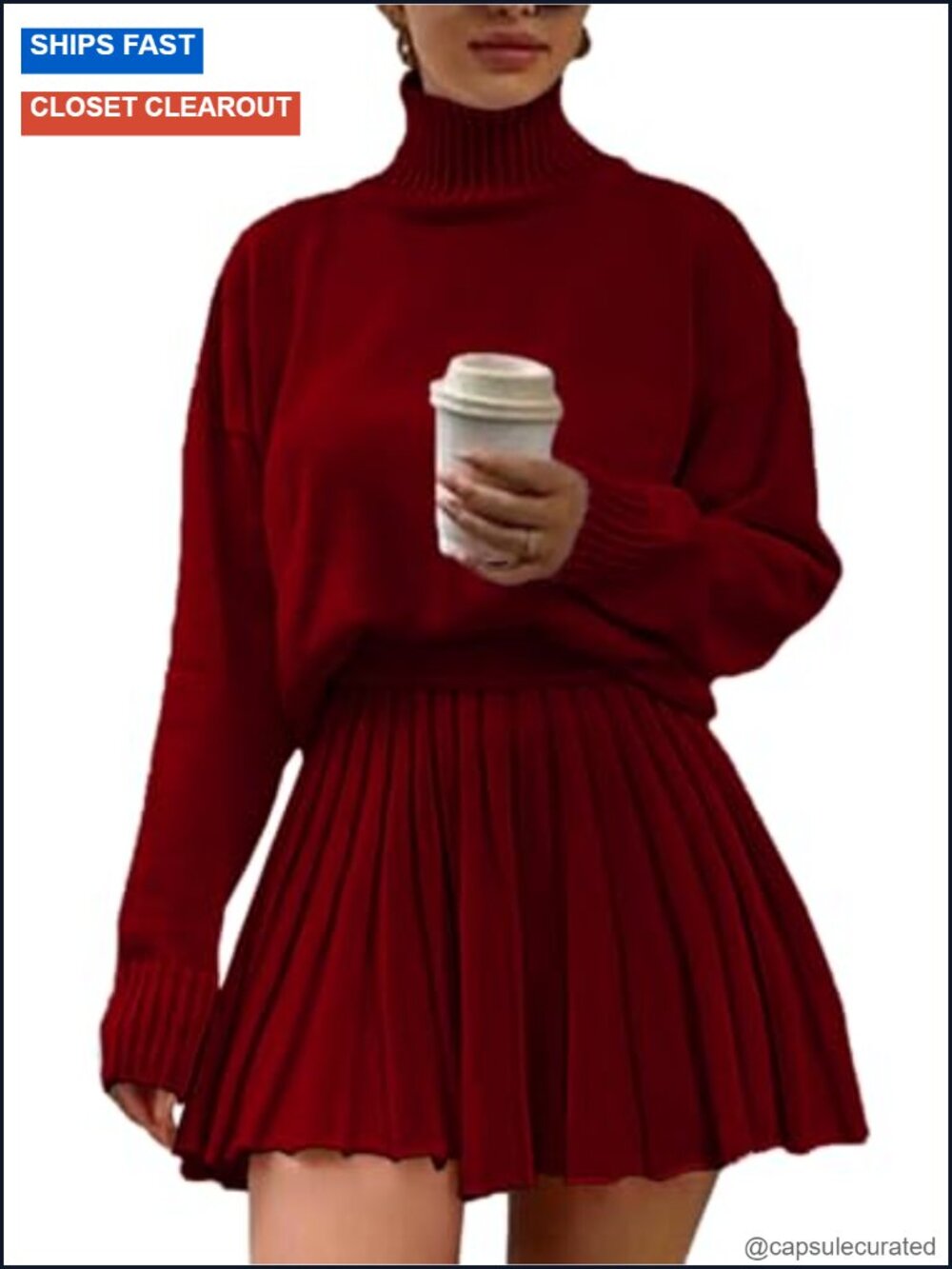 2 Piece Turtleneck Knit Sweater & Pleated Mini Skirt Set Women's Oversized Long